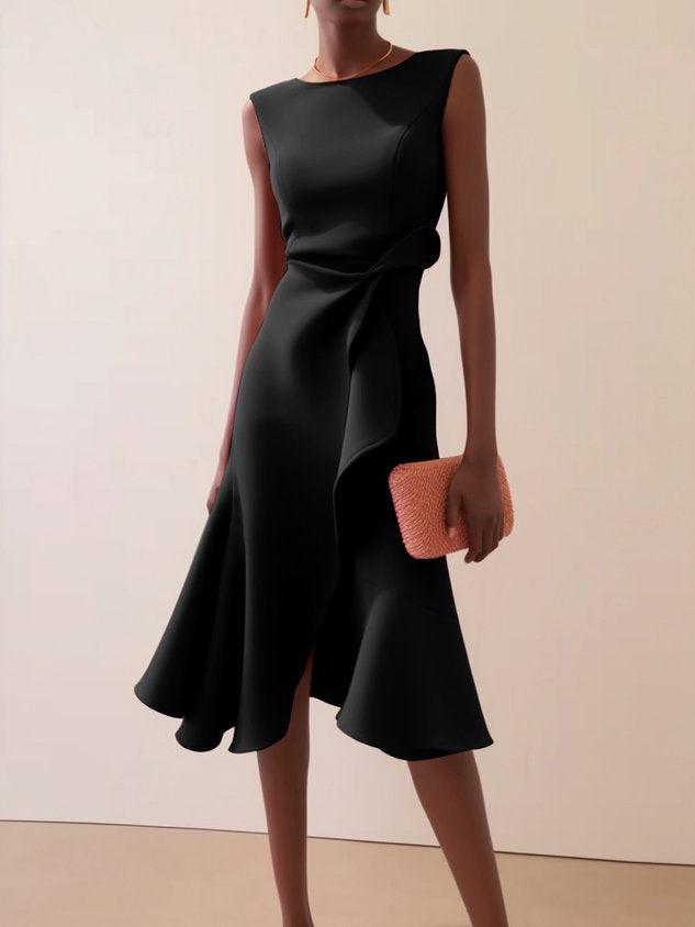 Elegant Sleeveless Midi Dress with Ruched Waist Twist – Day to Night