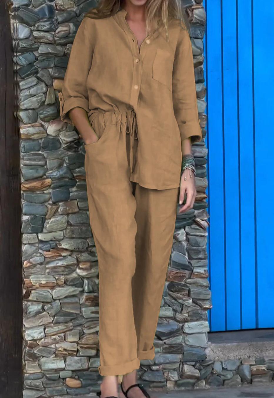 Casual Solid-Color V-Neck Cotton and Linen Two-Piece Set