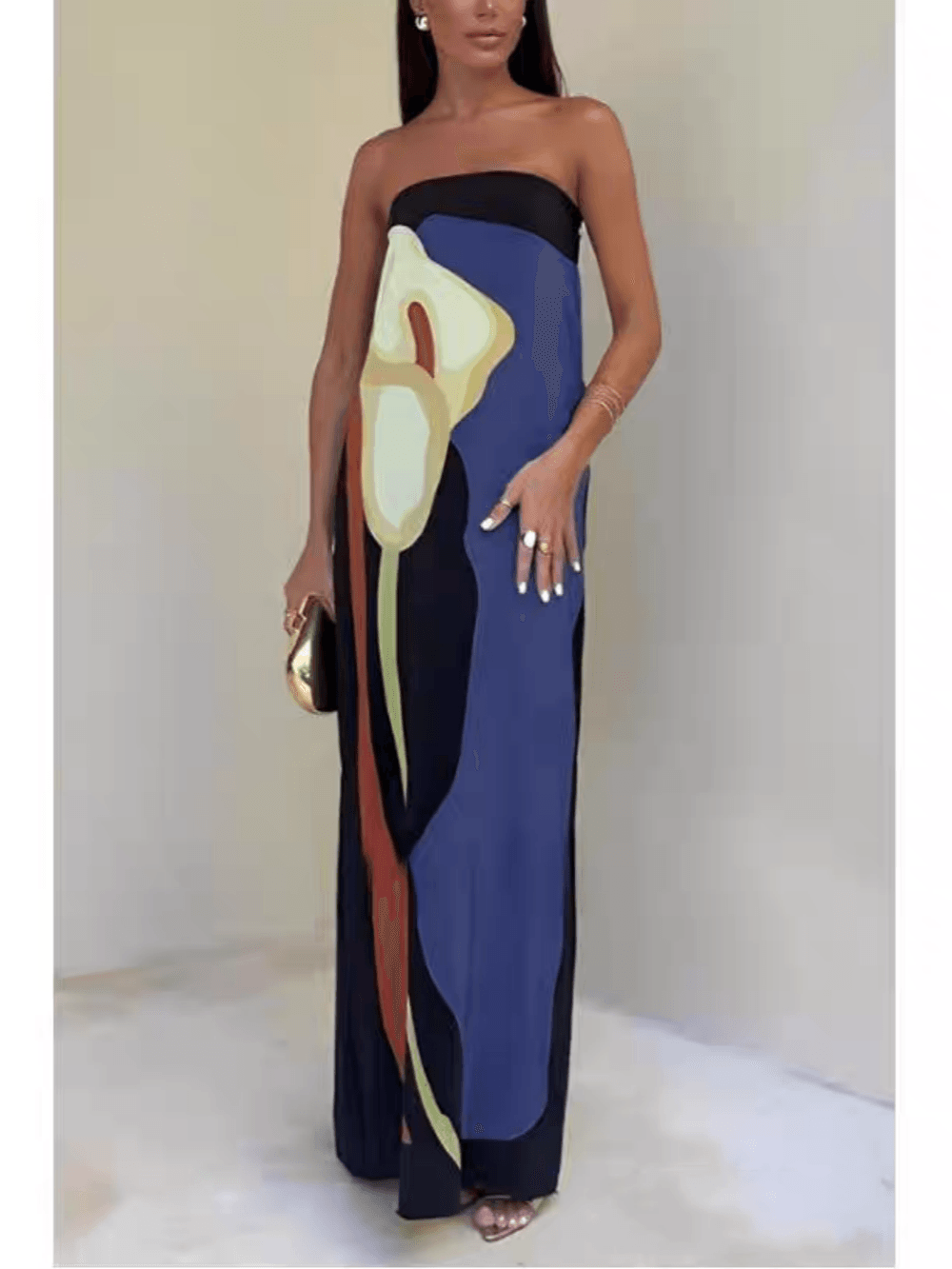 Strapless Color-Block Printed Maxi Party Dress