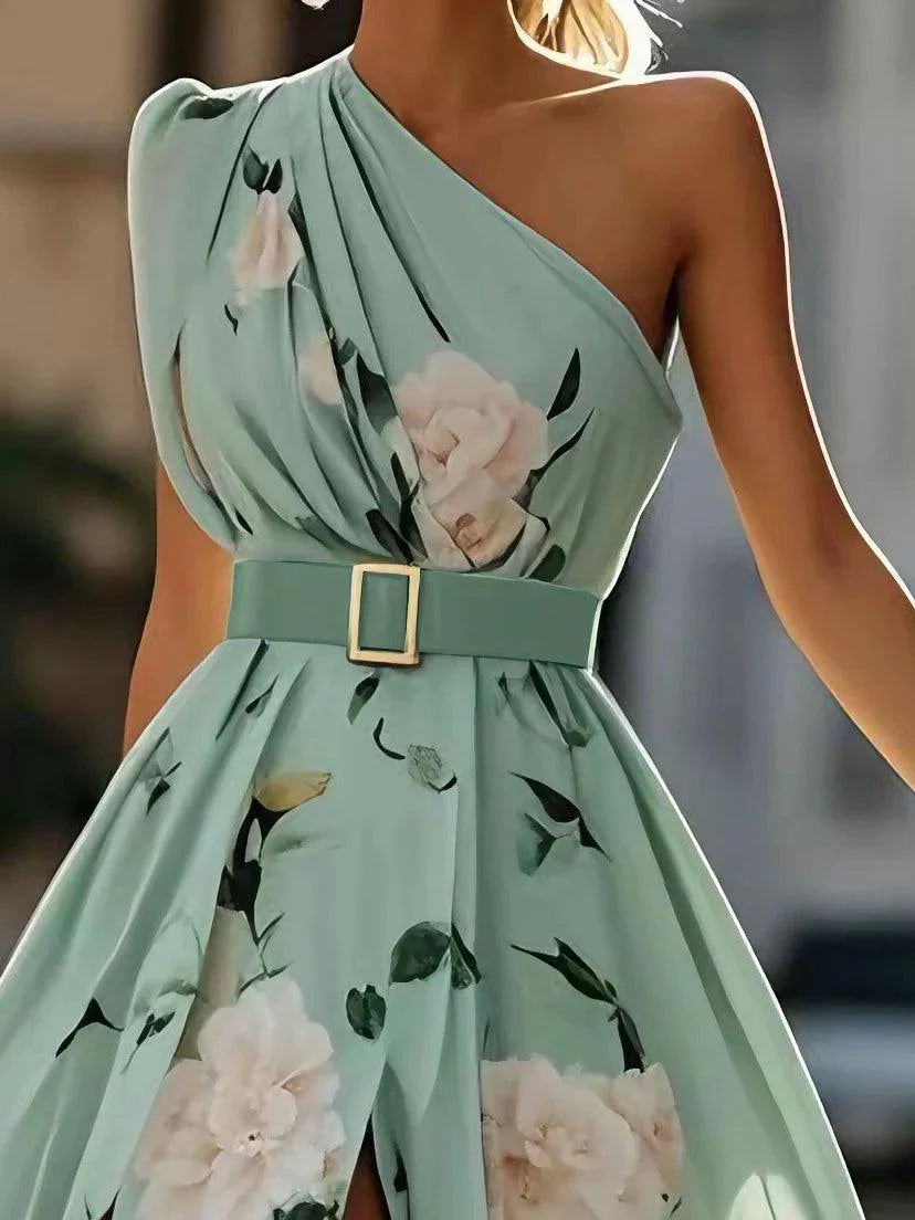 Light Green Floral One Shoulder Ruffled Chiffon A-Line Maxi Dress
