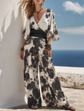 Stylish White Satin Resort Jumpsuit with Black Print