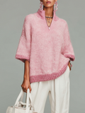Stylish Casual Pink Stand-collar Zippered Short-sleeved Loose Knit Sweater Top