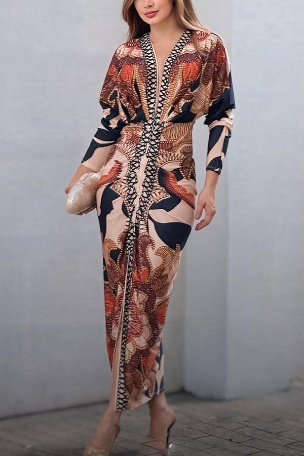 Midi Dress with Unique Print Long Dolman Sleeves and Slit