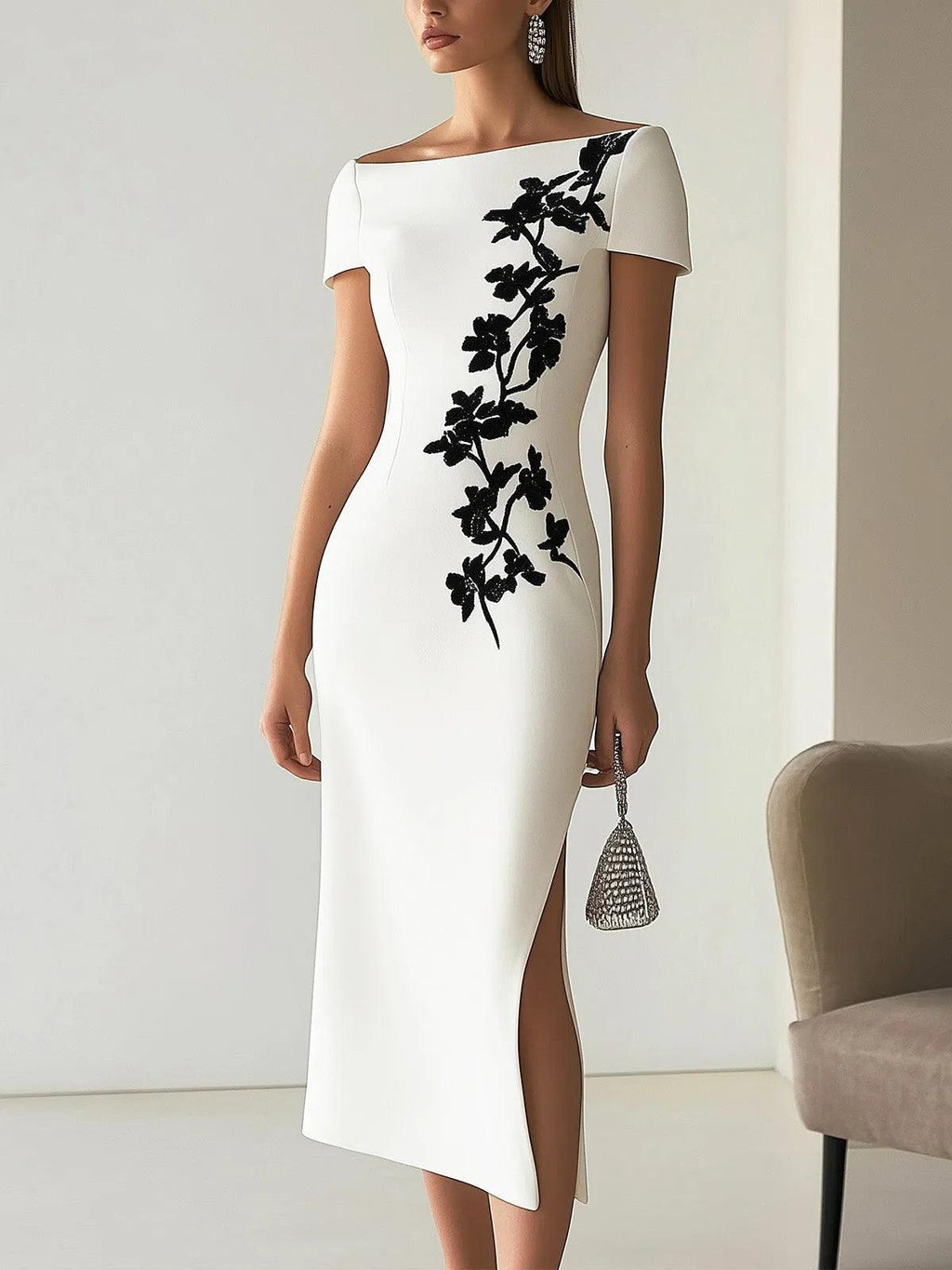 Chic Boatneck Dress with Asymmetrical Floral Print