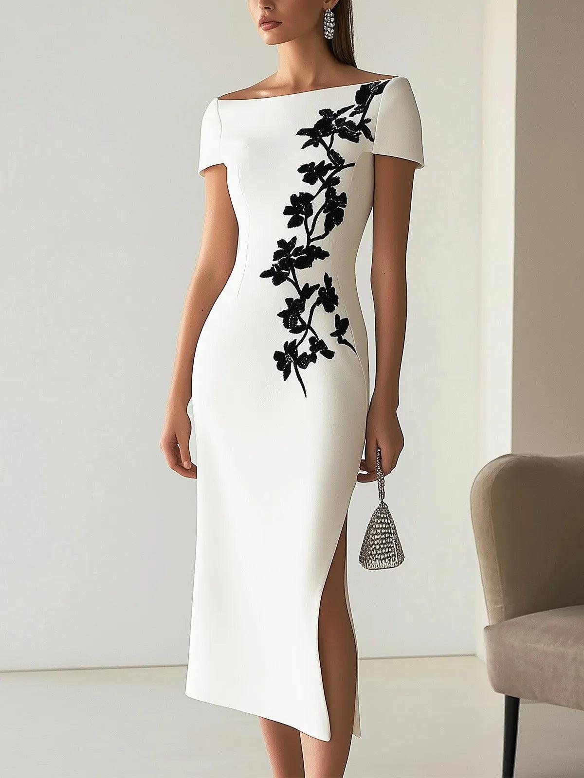 Chic Boatneck Dress with Asymmetrical Floral Print