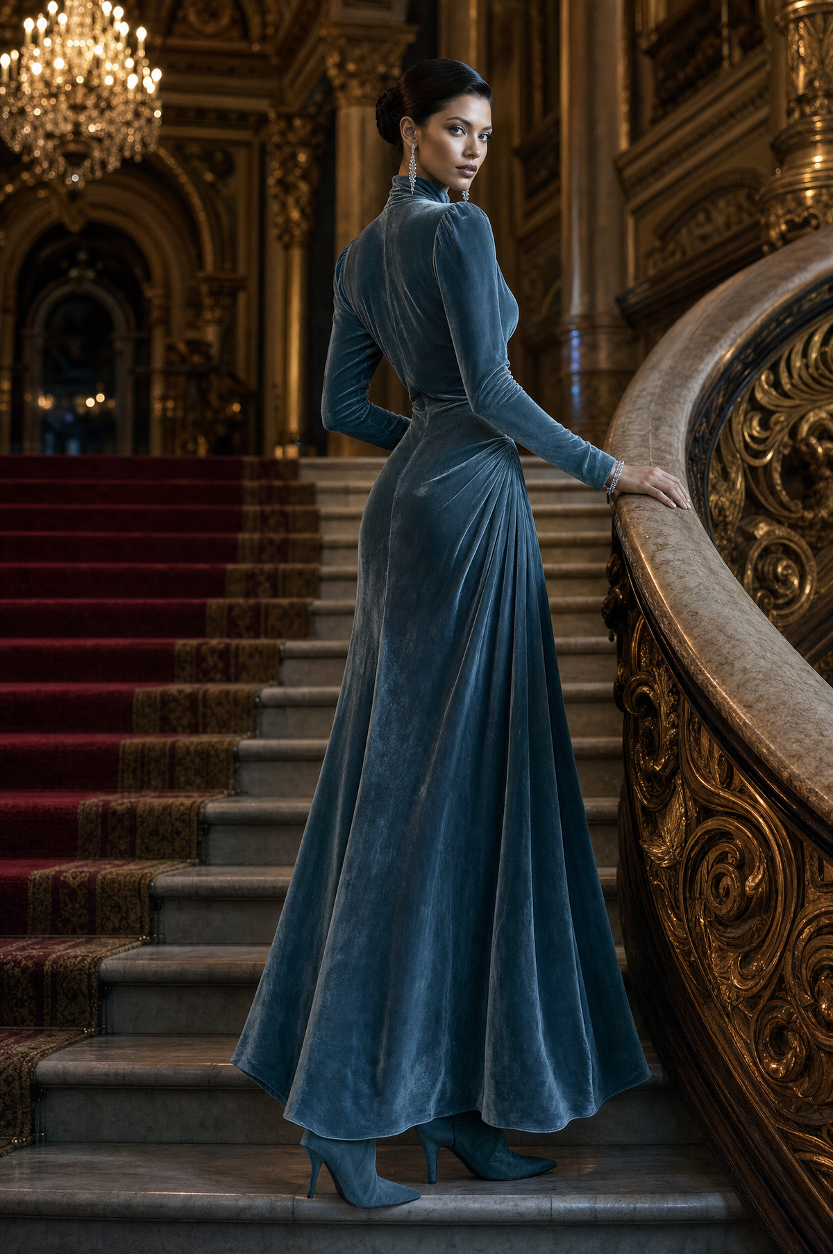 Women's Twist Keyhole Mock Neck Blue Velvet Dress