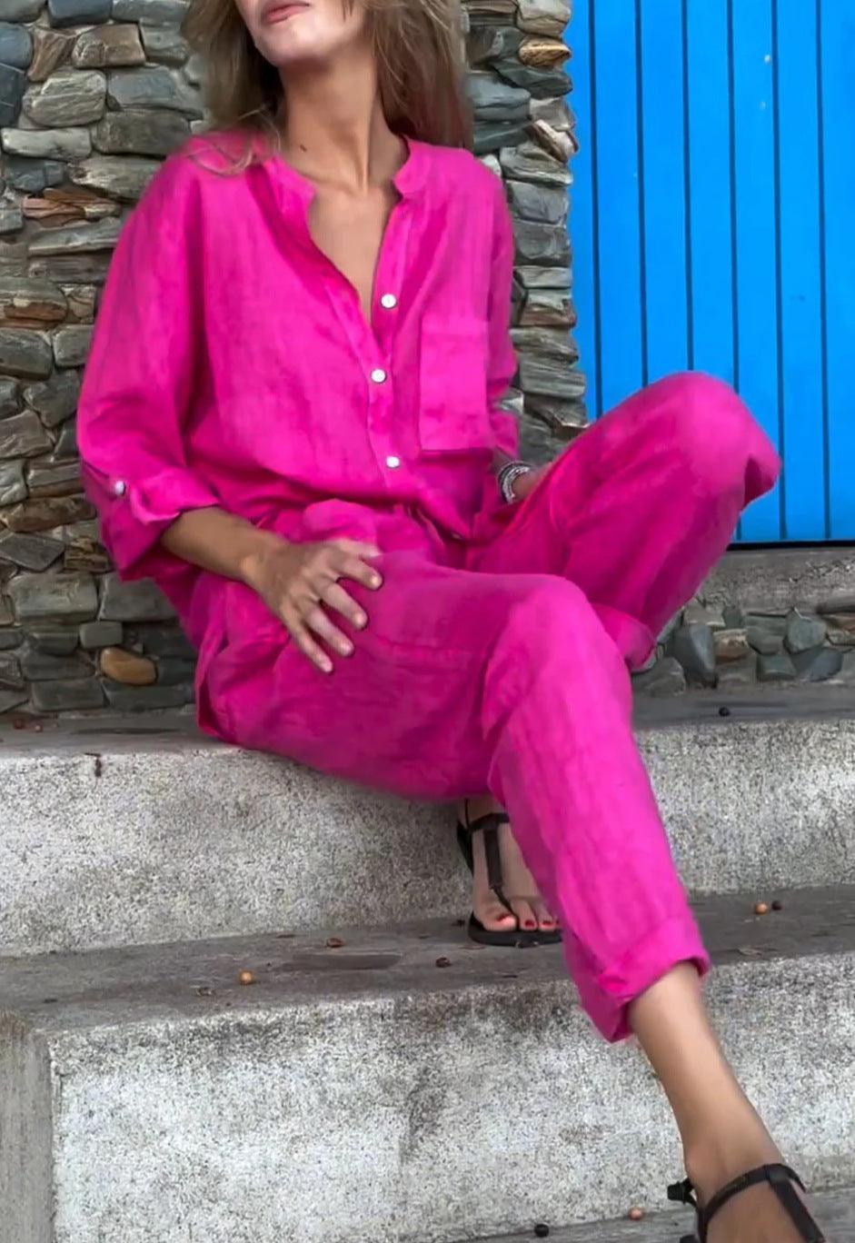 Casual Solid-Color V-Neck Cotton and Linen Two-Piece Set