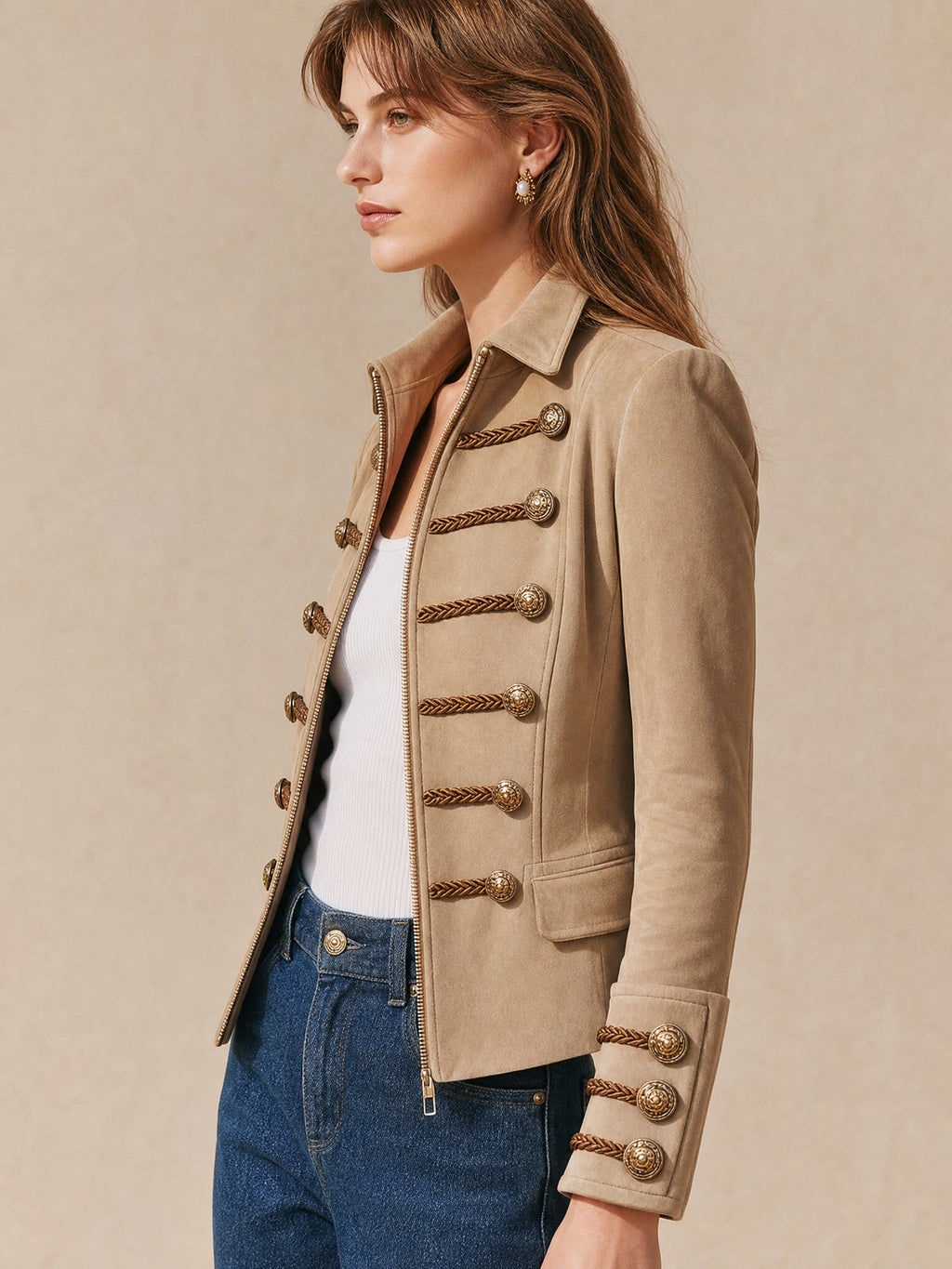 Braided‑Trim Tailored Suede Jacket