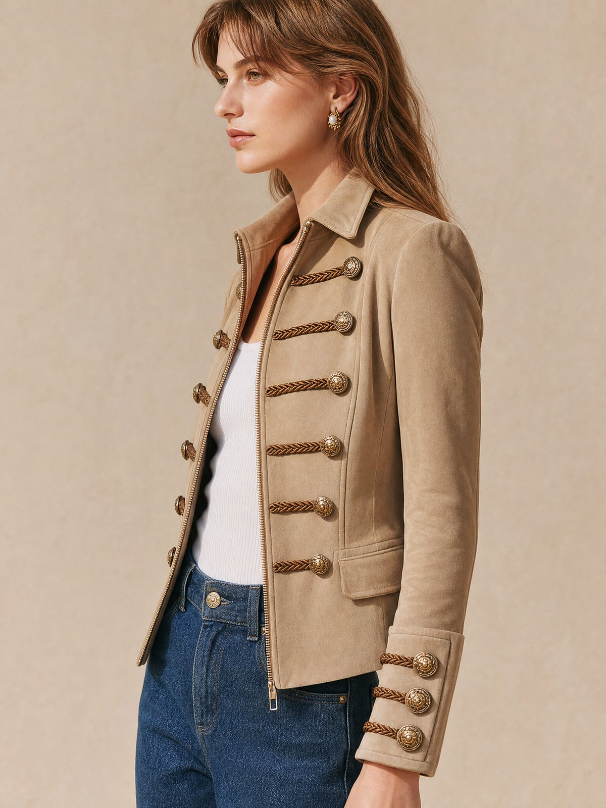 Braided‑Trim Tailored Suede Jacket