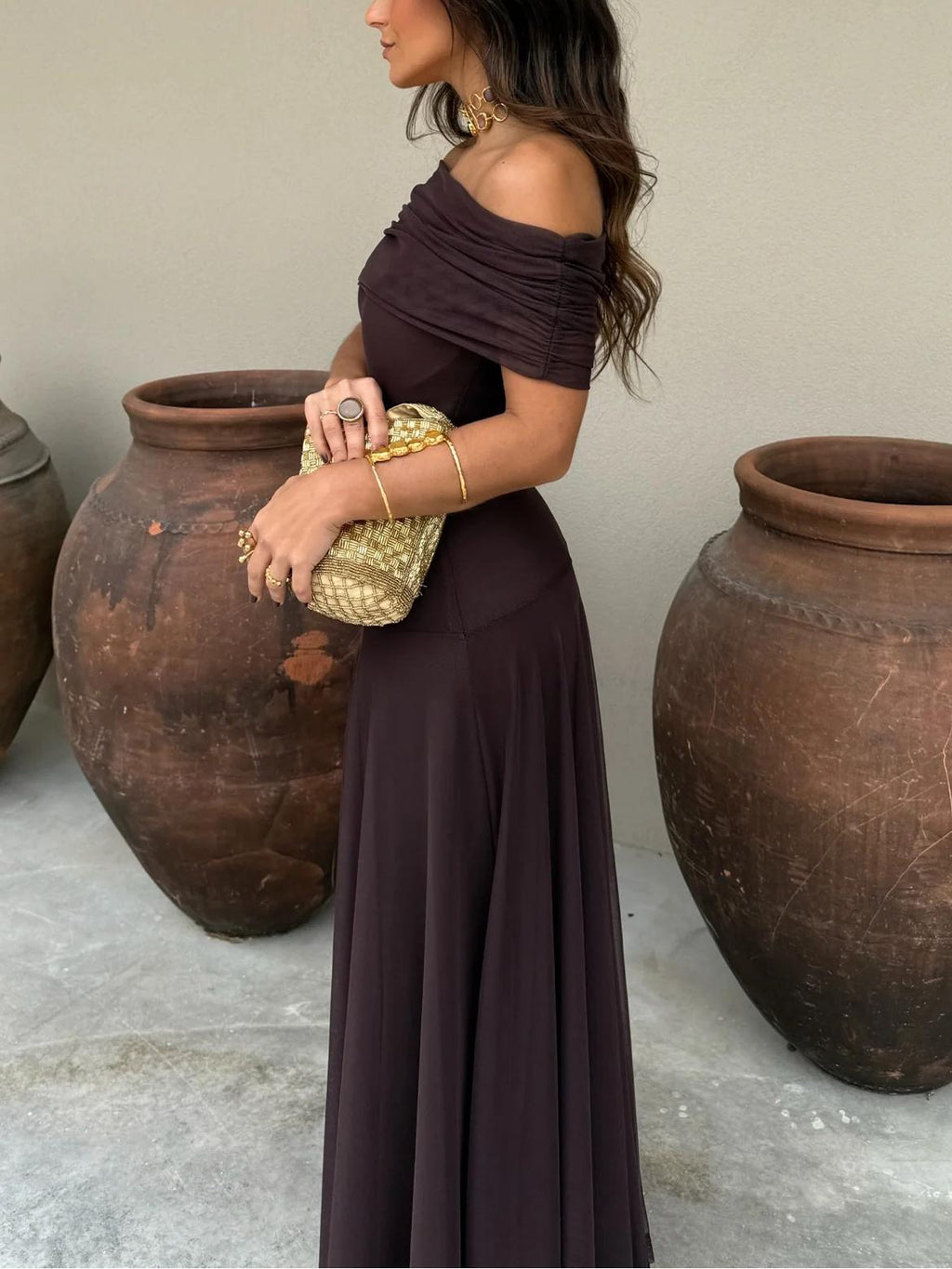 Brown One-Shoulder Mesh Maxi Dress
