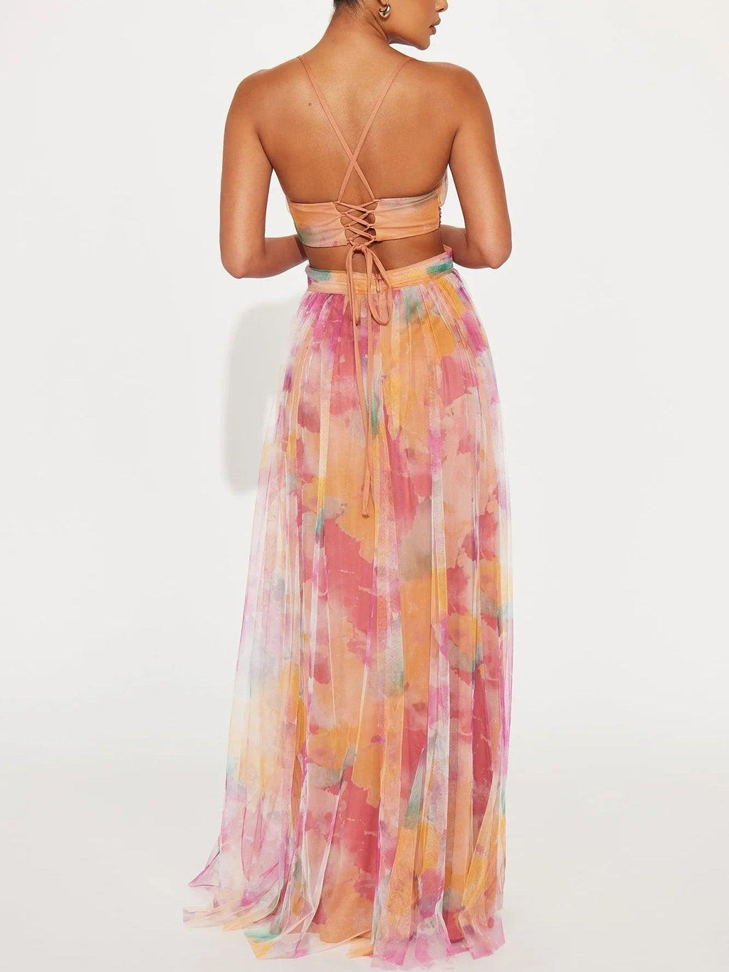 Painted Floral Print V-Neck A-Line Maxi Dress