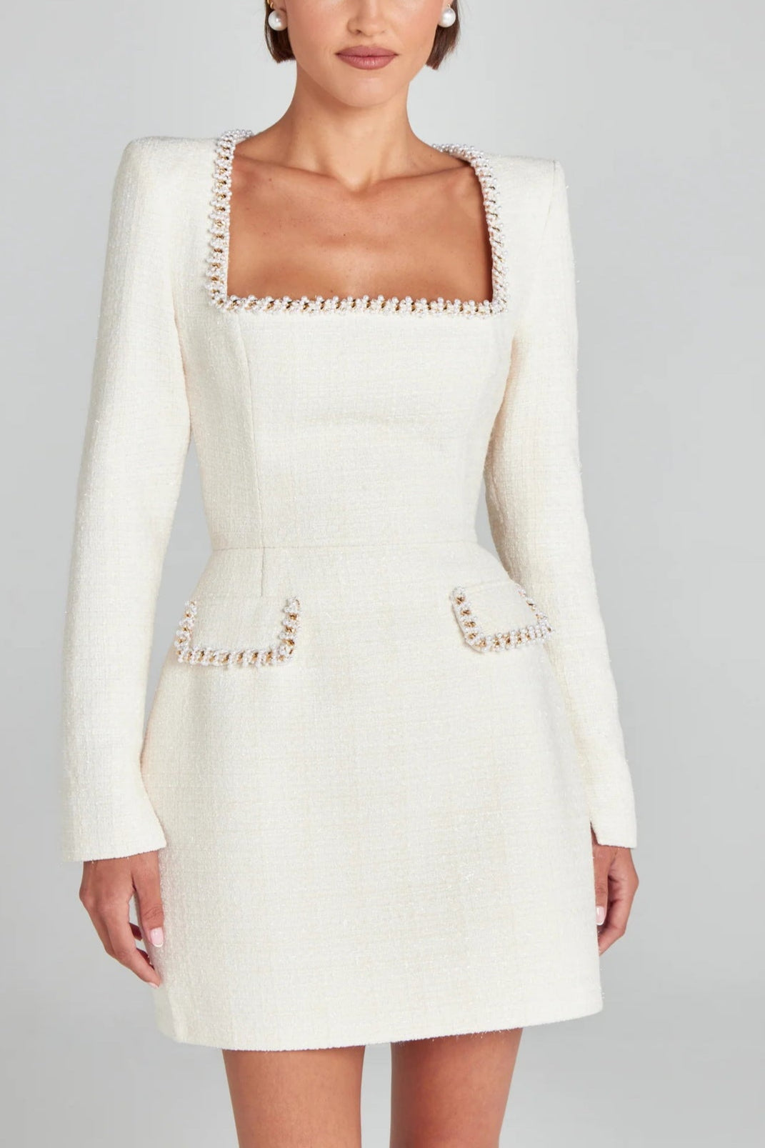 Exquisite and Playful Pearl-Trim Pocket Mini Dress