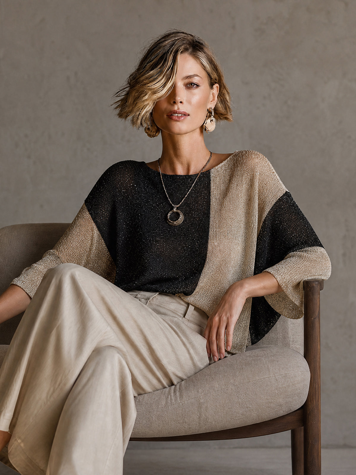 Chict Gold Black-Beige Colorblock Boat Neck Three Quarter Sleeve Loose-Fit Knit Sweater Top