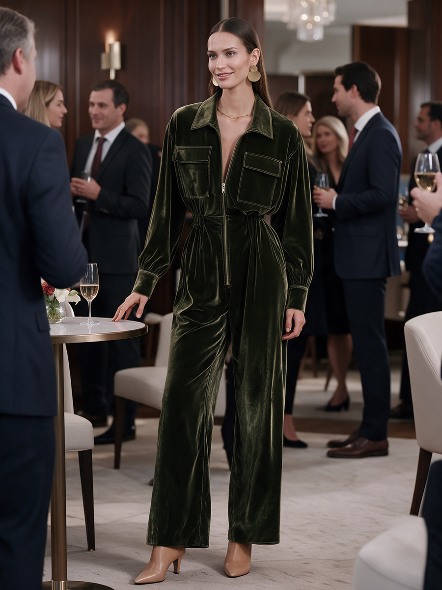 Women's Olive-Green Velvet Collared Zip-Front Long-Sleeve Wide-Leg Jumpsuit