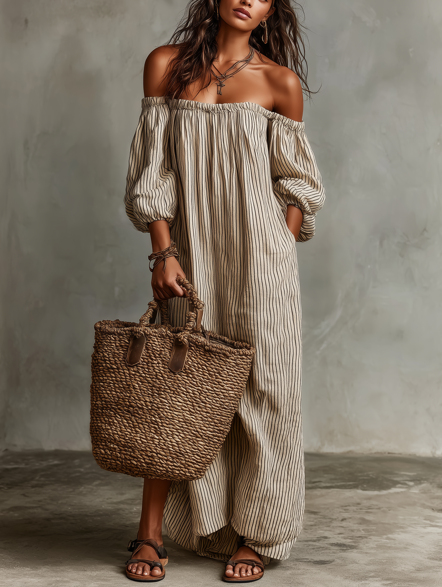 Women's Vacation Off-shoulder Long-sleeved Maxi Dress