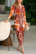 Midi Dress with Unique Print Long Dolman Sleeves and Slit