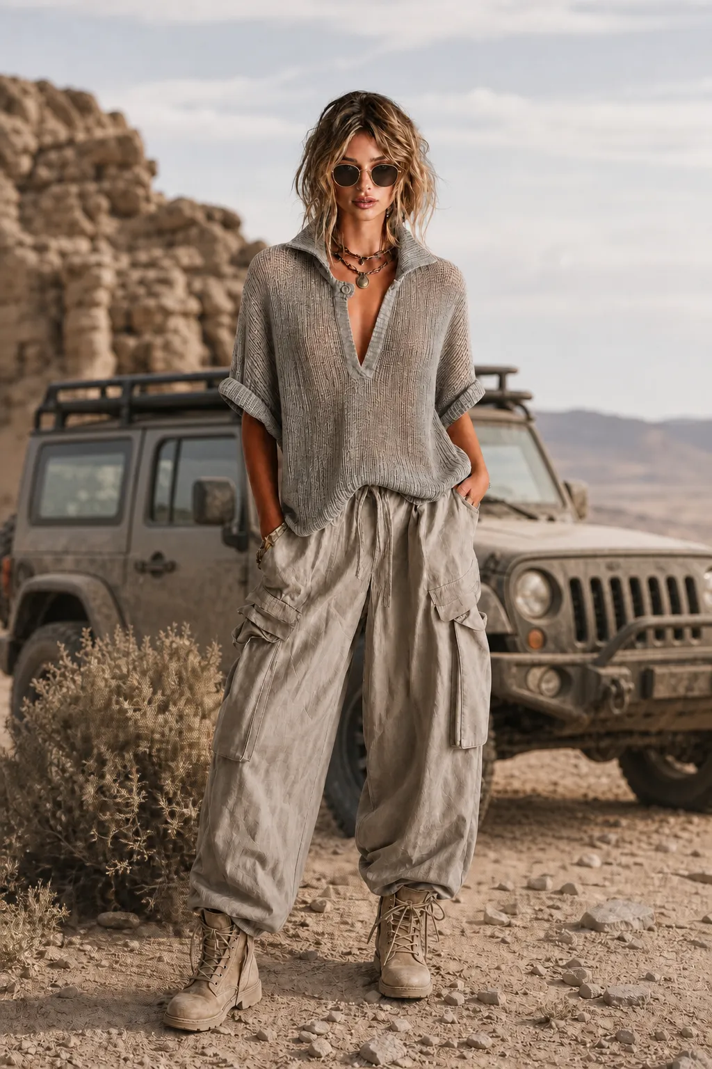 Chic Casual Dusty Grey Lapel-Collar V-Neck Button-Detail Half‑Sleeve Loose-Fit Mesh Knit Sweater Top