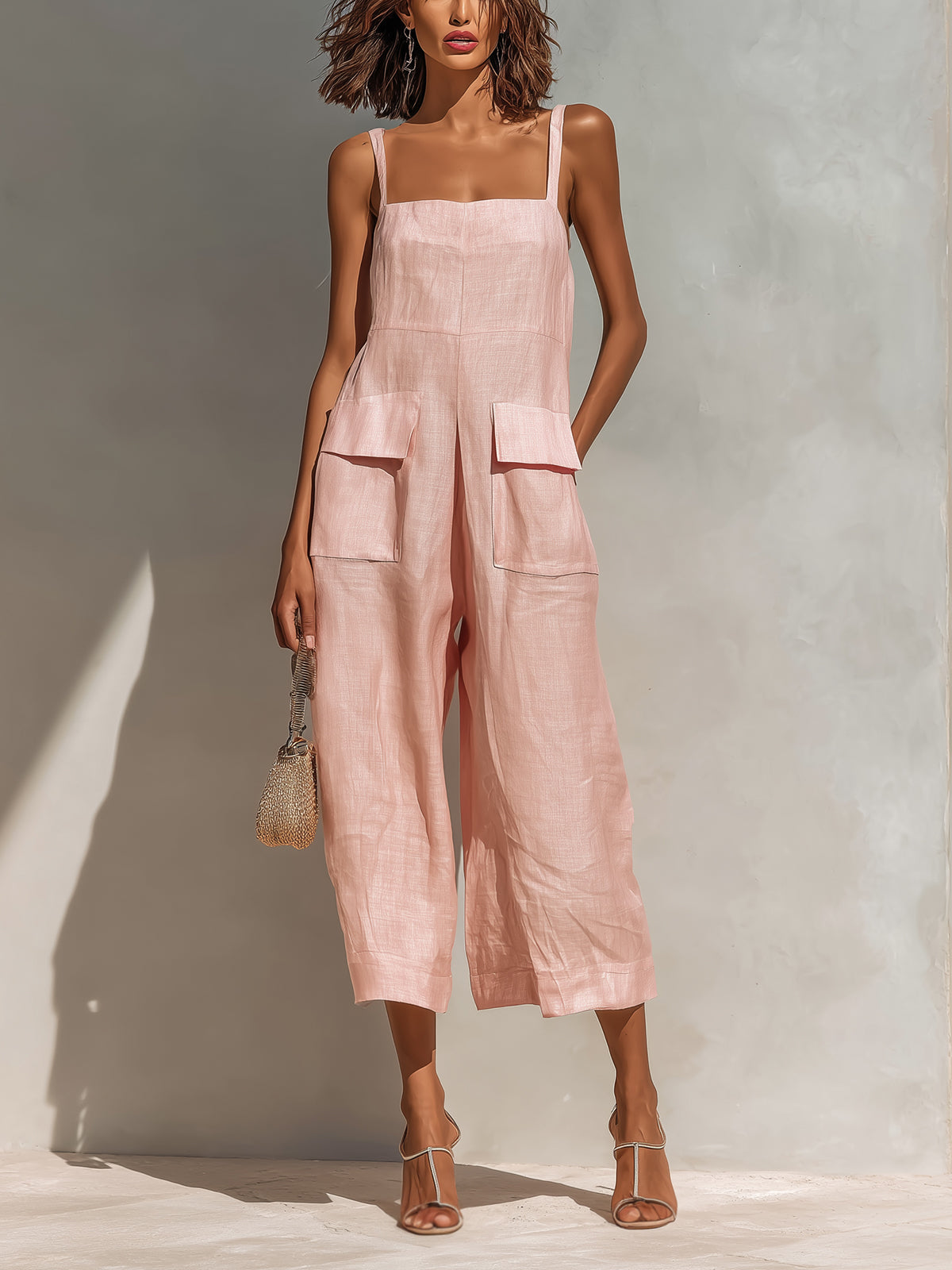 Chic Elegant Pink Cotton Linen Blend Thin Straps Sleeveless  Patch Pockets Loose-Fit Wide-Leg Cropped Jumpsuit