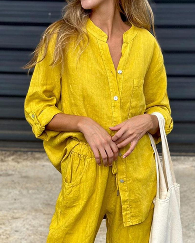 Casual Solid-Color V-Neck Cotton and Linen Two-Piece Set