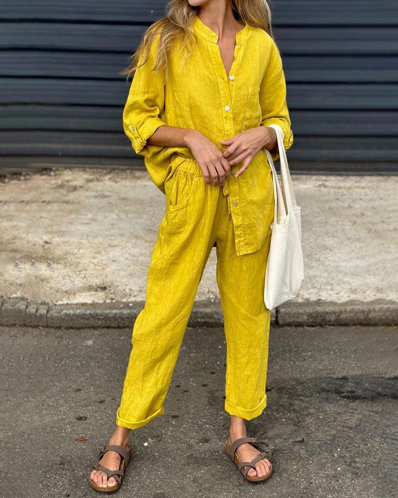Casual Solid-Color V-Neck Cotton and Linen Two-Piece Set
