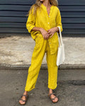 Casual Solid-Color V-Neck Cotton and Linen Two-Piece Set