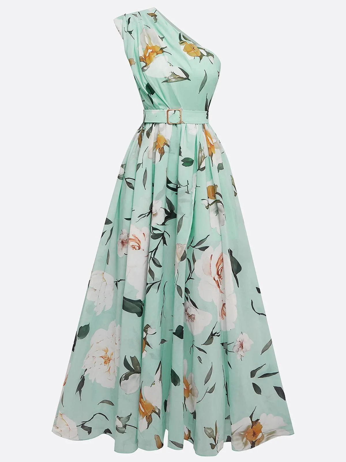 Light Green Floral One Shoulder Ruffled Chiffon A-Line Maxi Dress