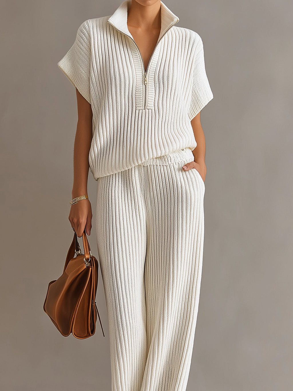 Chic Elegant Cream White Zipper-Up Stand Collar Oversize Short-Sleeve Sweater  Wide-Leg Pants Ribbed Knit Two-Piece Set