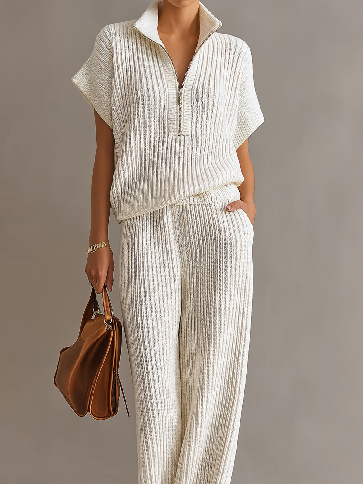 Chic Elegant Cream White Zipper-Up Stand Collar Oversize Short-Sleeve Sweater  Wide-Leg Pants Ribbed Knit Two-Piece Set