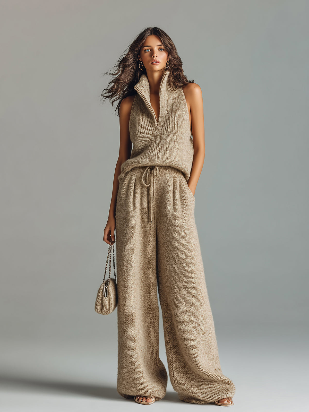 Chic Elegant Camel Stand Collar V-Neck Sleeveless Sweater  Wide-Leg Pants Ribbed Knit Two-Piece Set