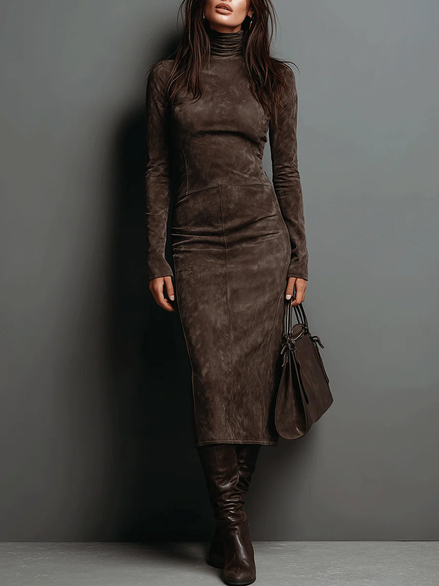 Midi Suede Dress with High Neck and Long Sleeves
