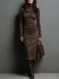 Midi Suede Dress with High Neck and Long Sleeves