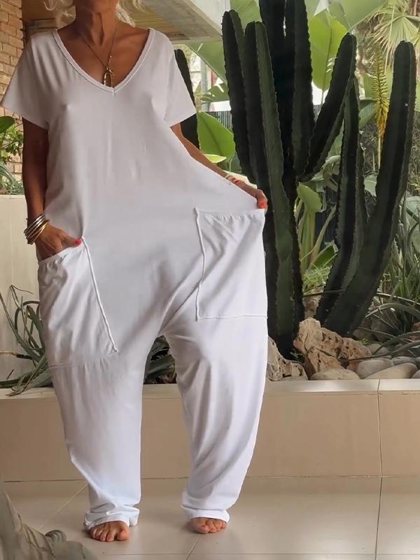Solid Color V-Neck Casual Jumpsuit