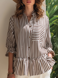 White and Brown Striped Long-Sleeve Resort Shirt