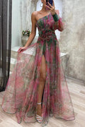 One-Shoulder Pleated Floral Tulle Maxi Dress with Slit