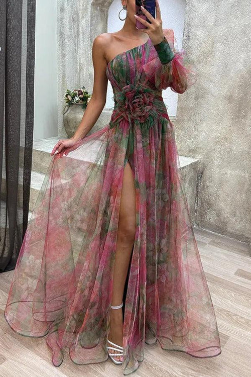 One-Shoulder Pleated Floral Tulle Maxi Dress with Slit