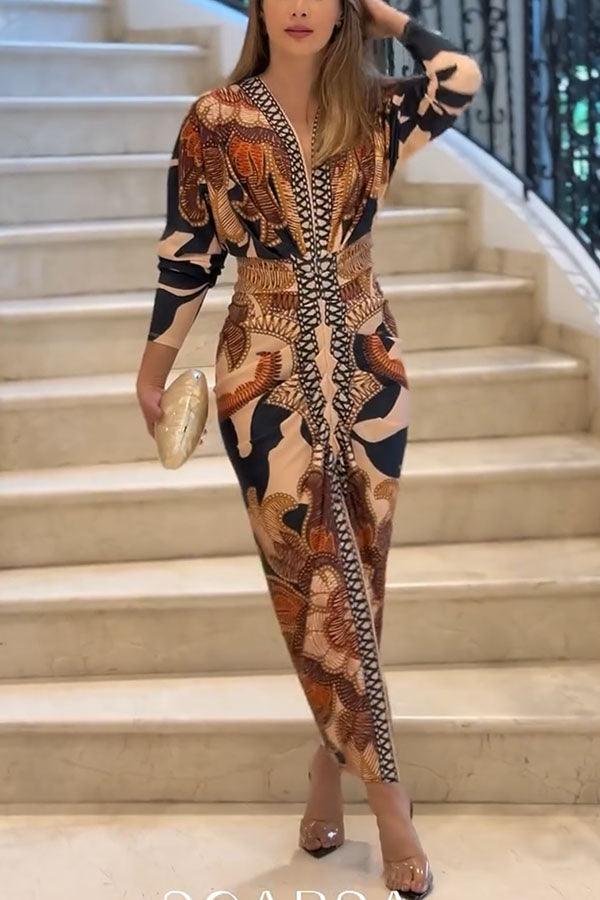 Midi Dress with Unique Print Long Dolman Sleeves and Slit