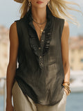Sleeveless Minimalist Holiday Style Shirt Anthracite Grey Cotton Linen with Ruffles and Buttons