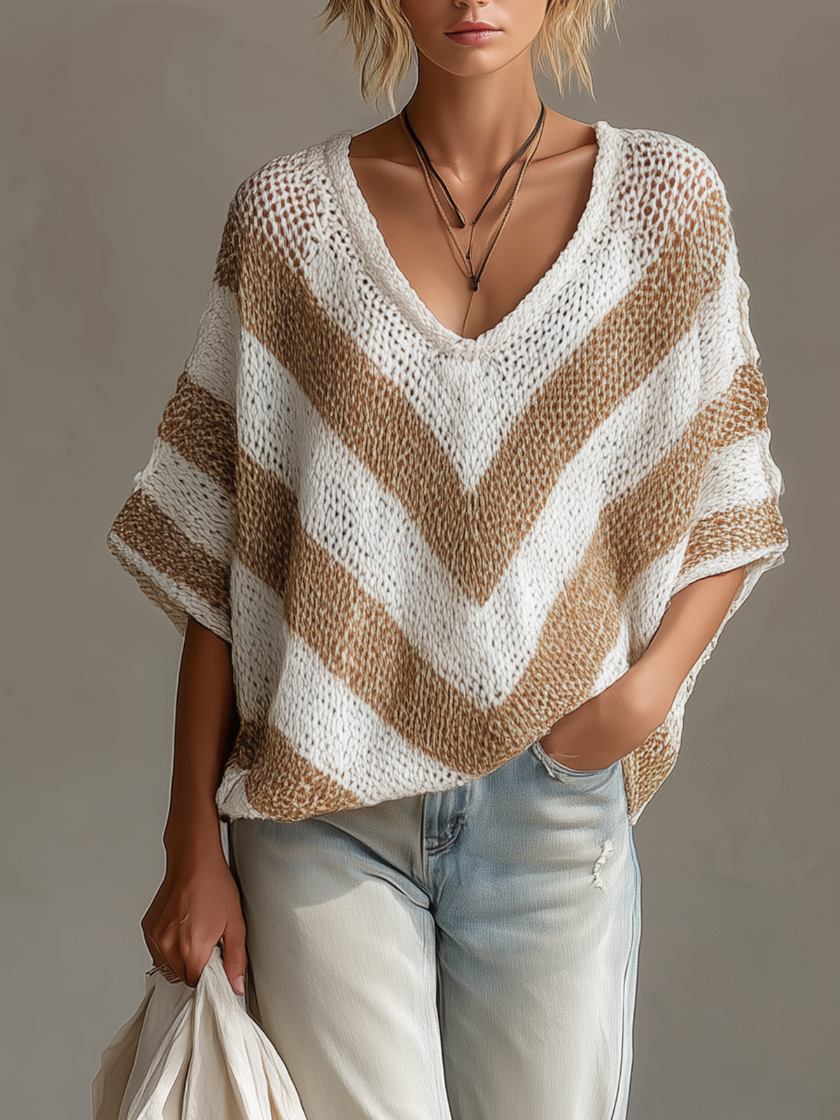 Chic Casual White-Beige Stripes V-neck Short-sleeved Loose-Fit Knit Sweater