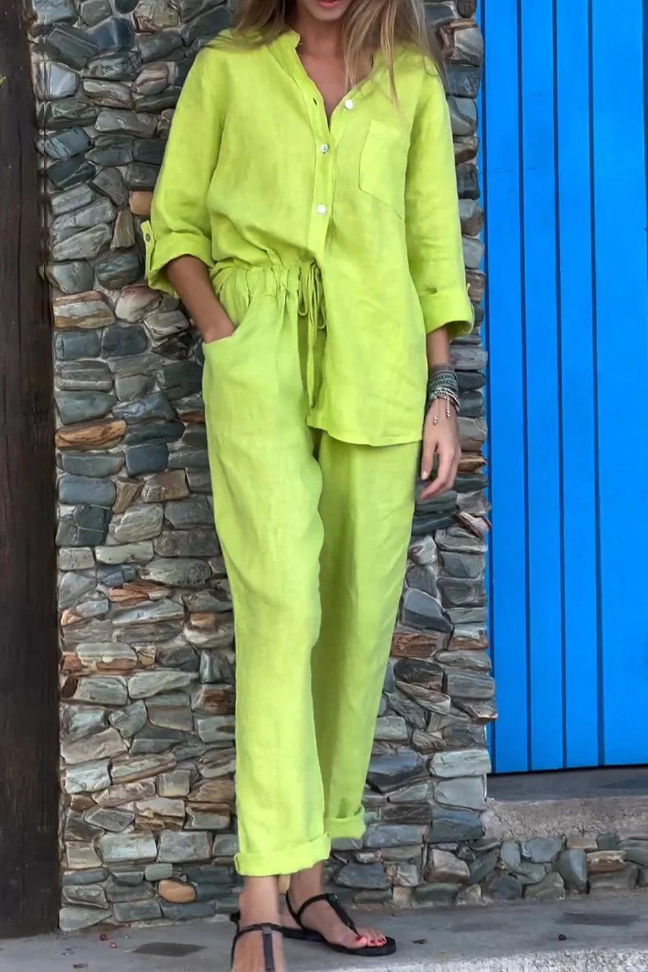 Casual Solid-Color V-Neck Cotton and Linen Two-Piece Set