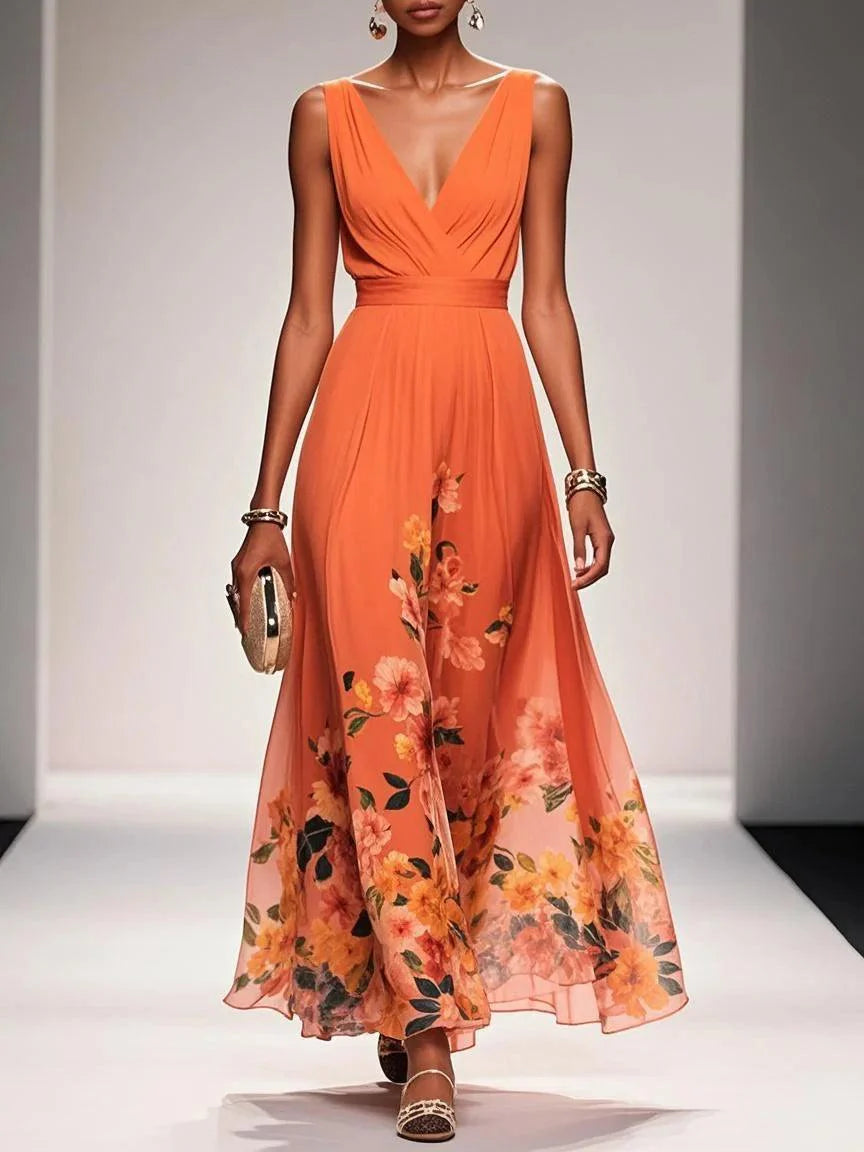 Floral Sky Blue Chiffon V-Neck Sleeveless Maxi Dress