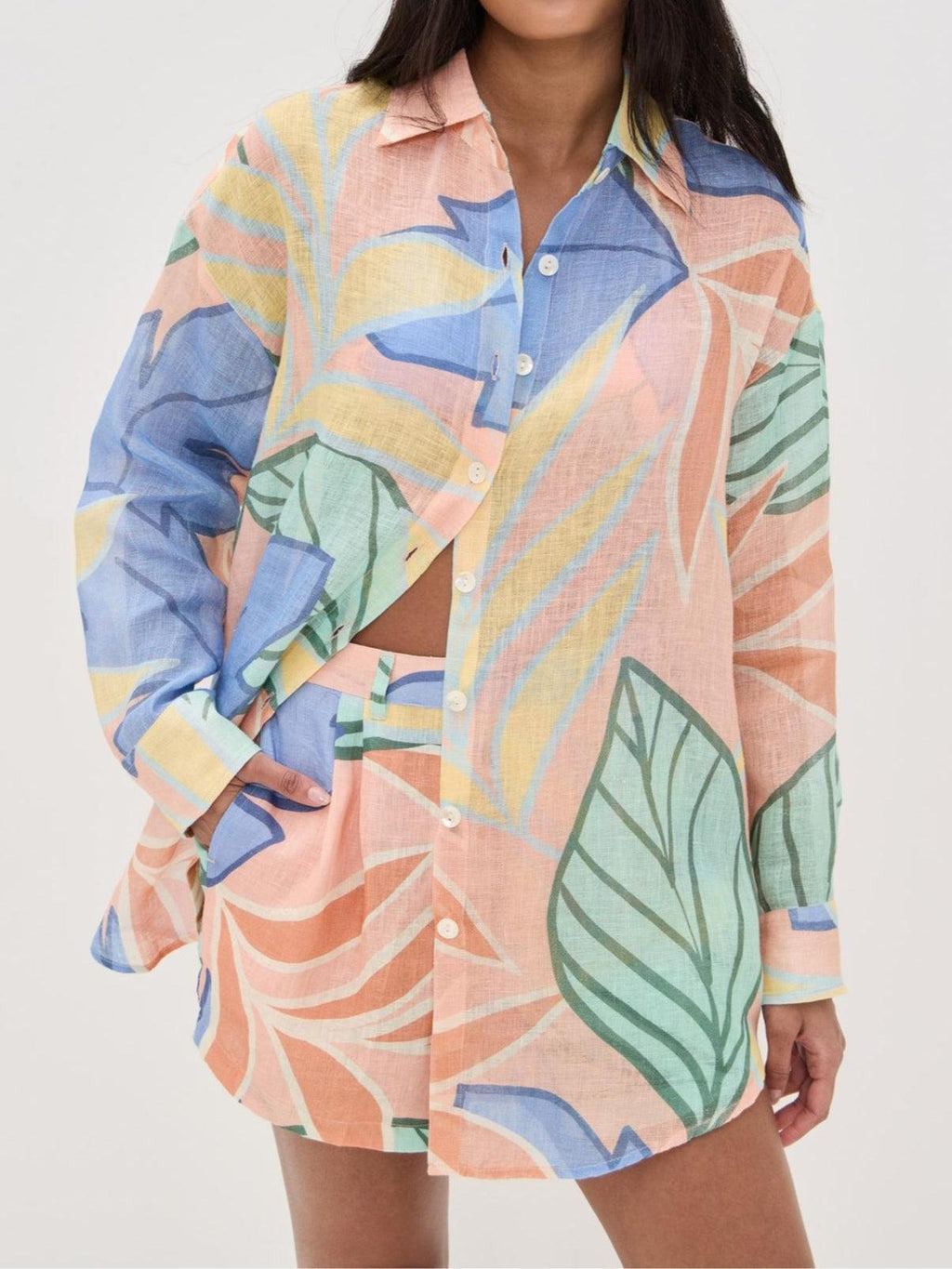 Boyfriend-Style Tropical Leaf Printed Short Set