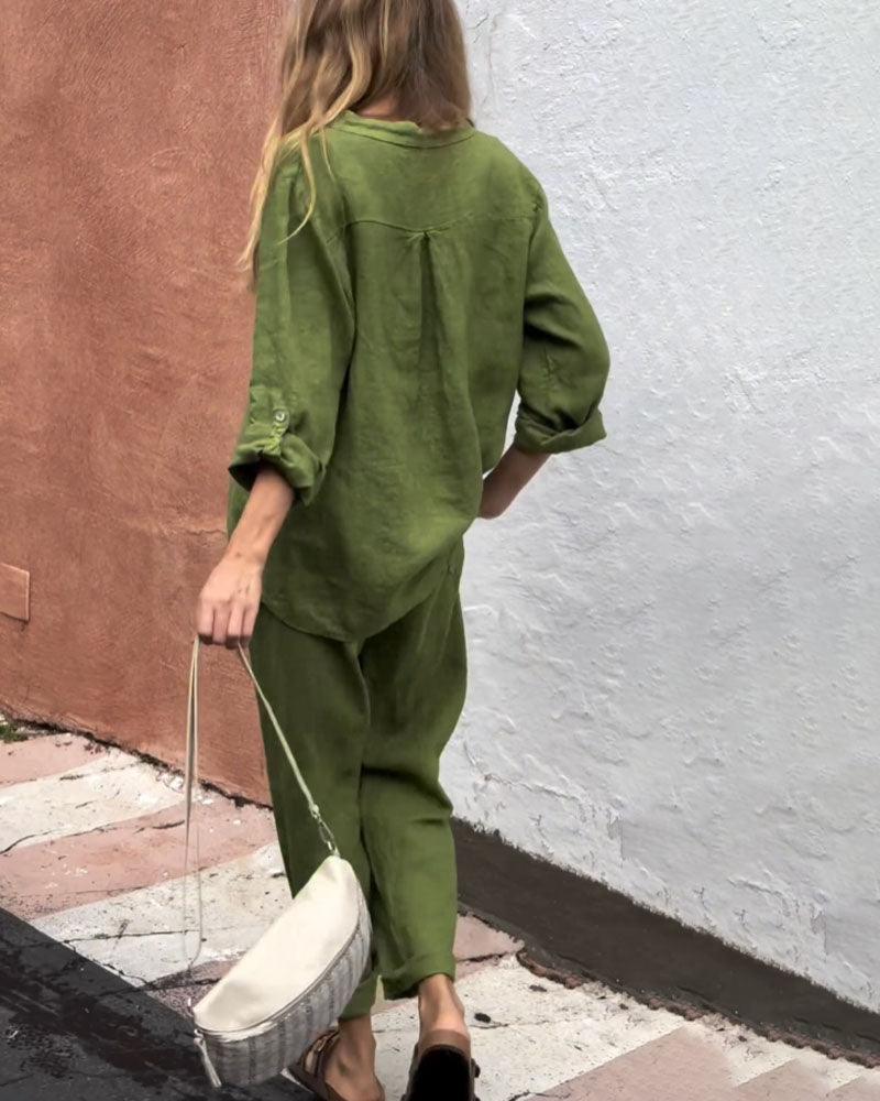 Casual Solid-Color V-Neck Cotton and Linen Two-Piece Set