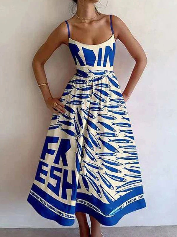 Sardine Vintage Print Strappy Dress