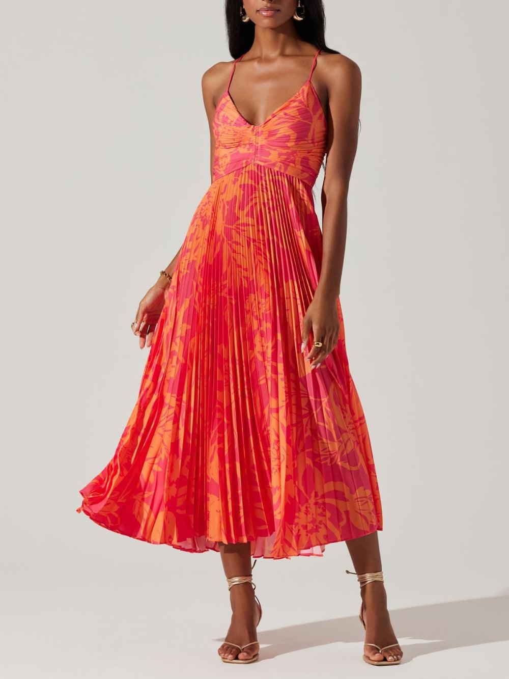 Elegant Floral Pleated Midi Dress