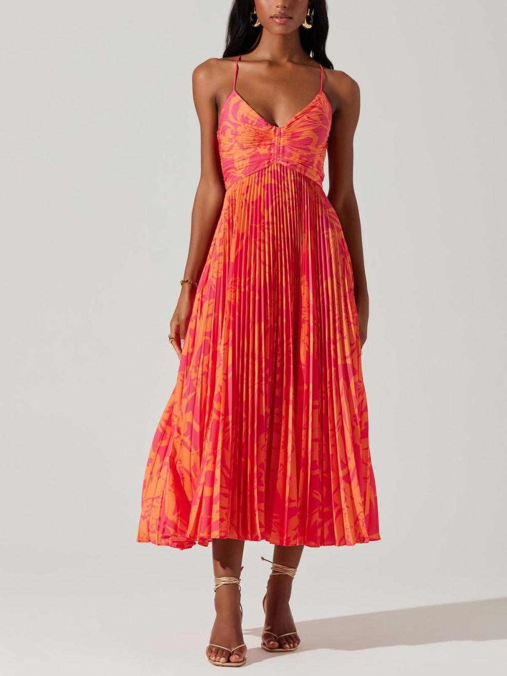 Elegant Floral Pleated Midi Dress