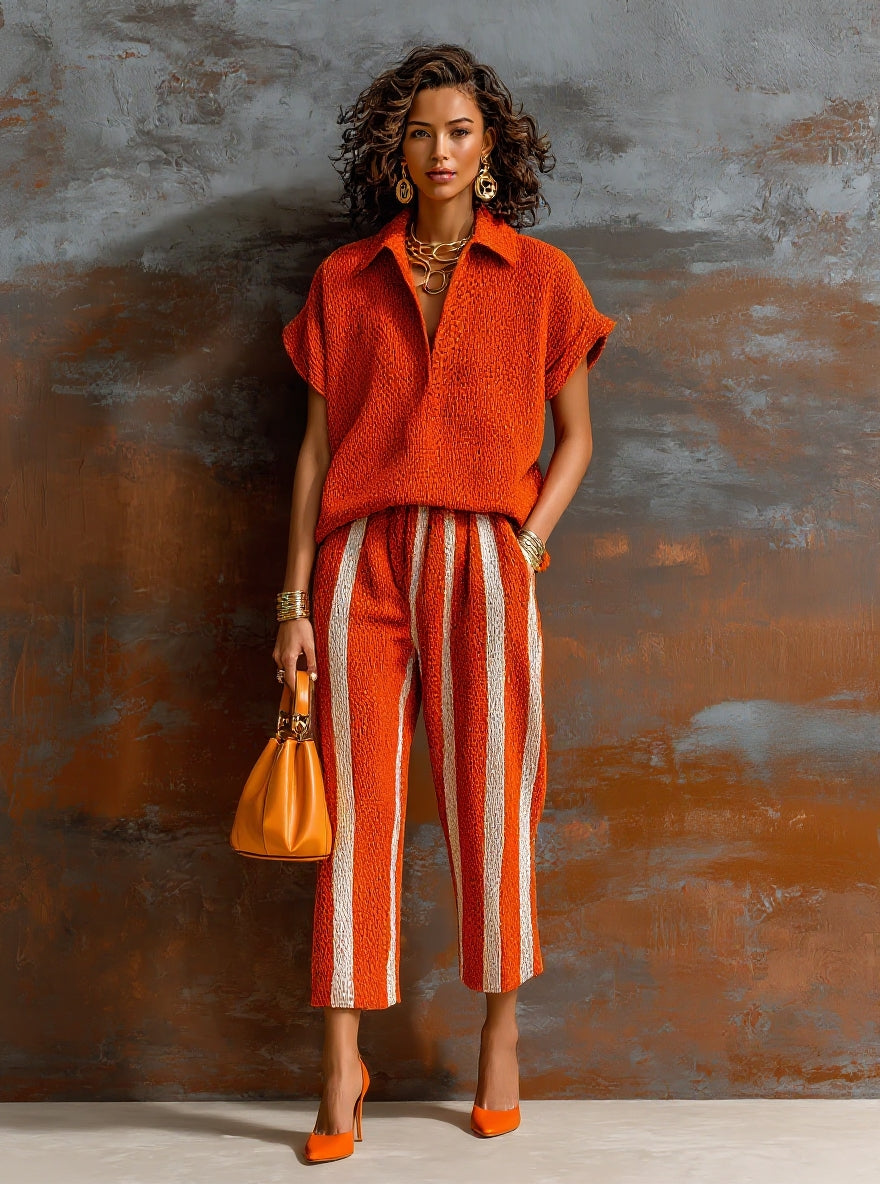 Chic Elegant Orange-White Colorblock Lapel V-Neck Short-Sleeve Loose-Fit Sweater Elastic-Waist Pants Knit Two-Piece Set