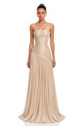 Angelina Champagne Brown Off Shoulder Pleated Maxi Dress