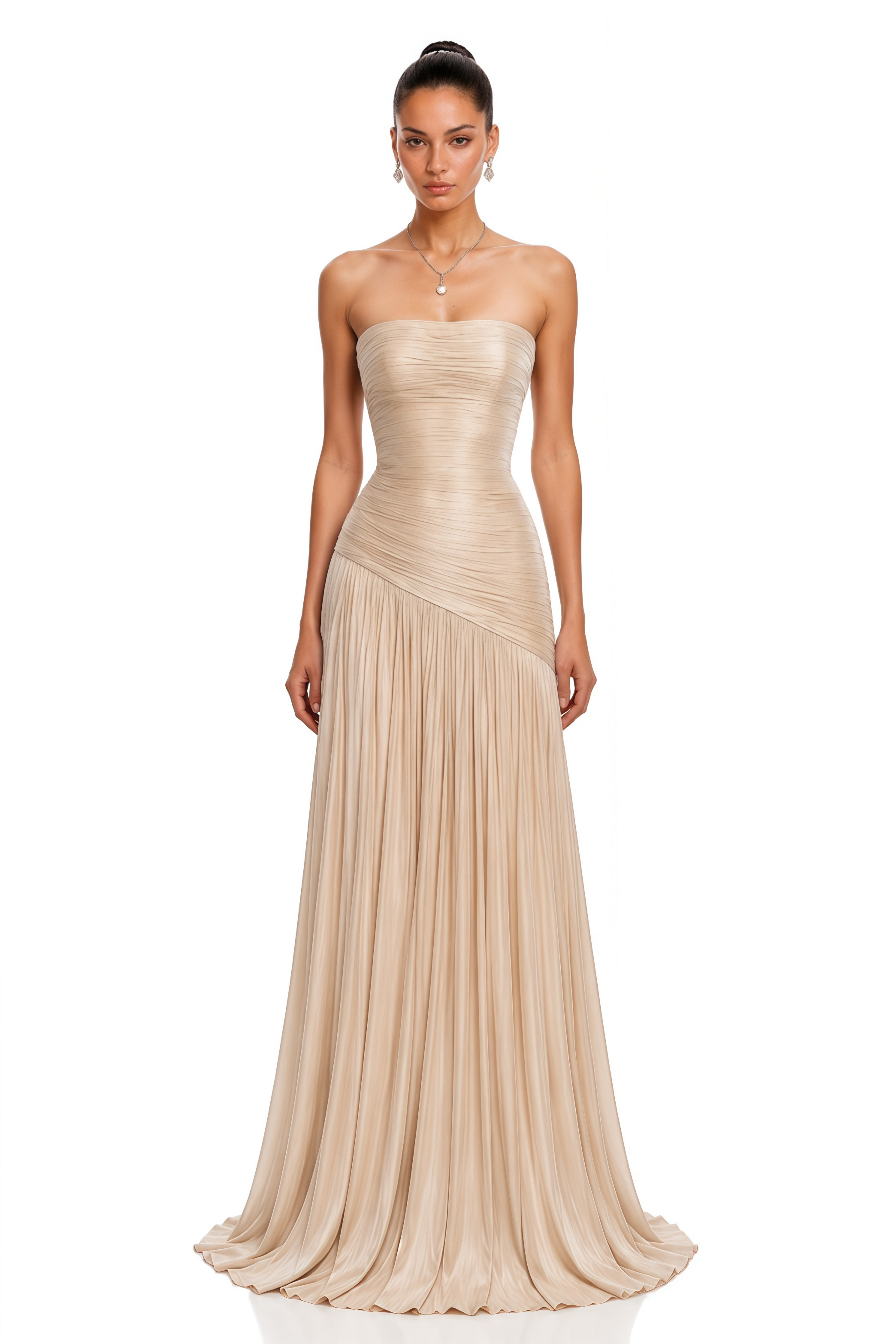 Angelina Champagne Brown Off Shoulder Pleated Maxi Dress