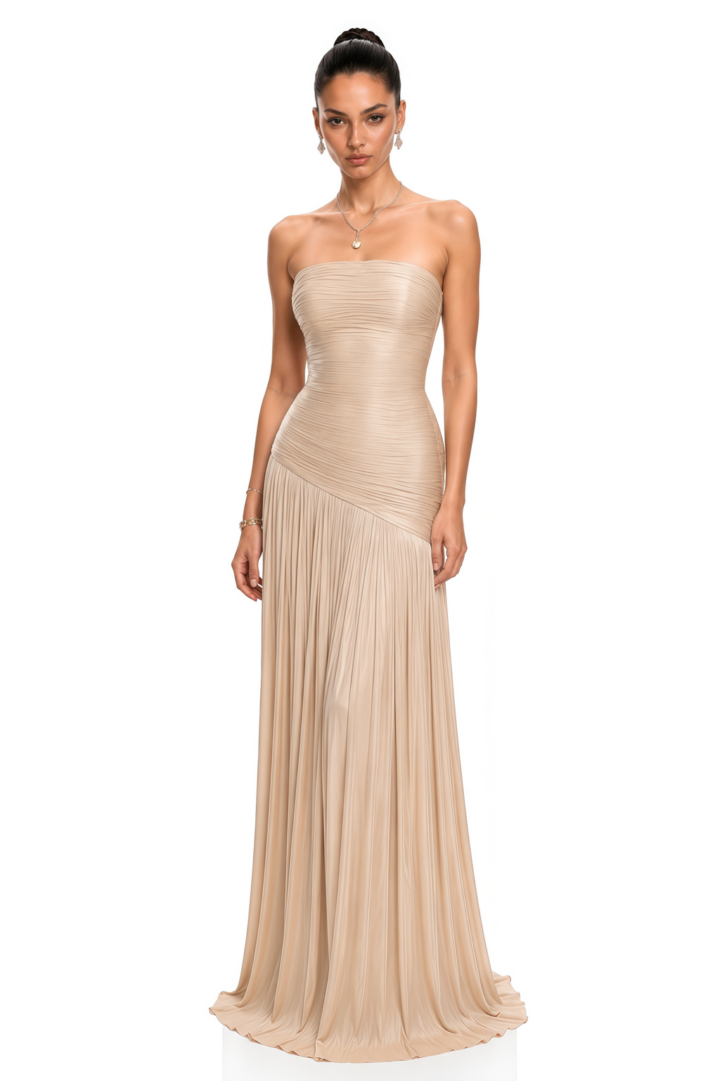 Angelina Champagne Brown Off Shoulder Pleated Maxi Dress