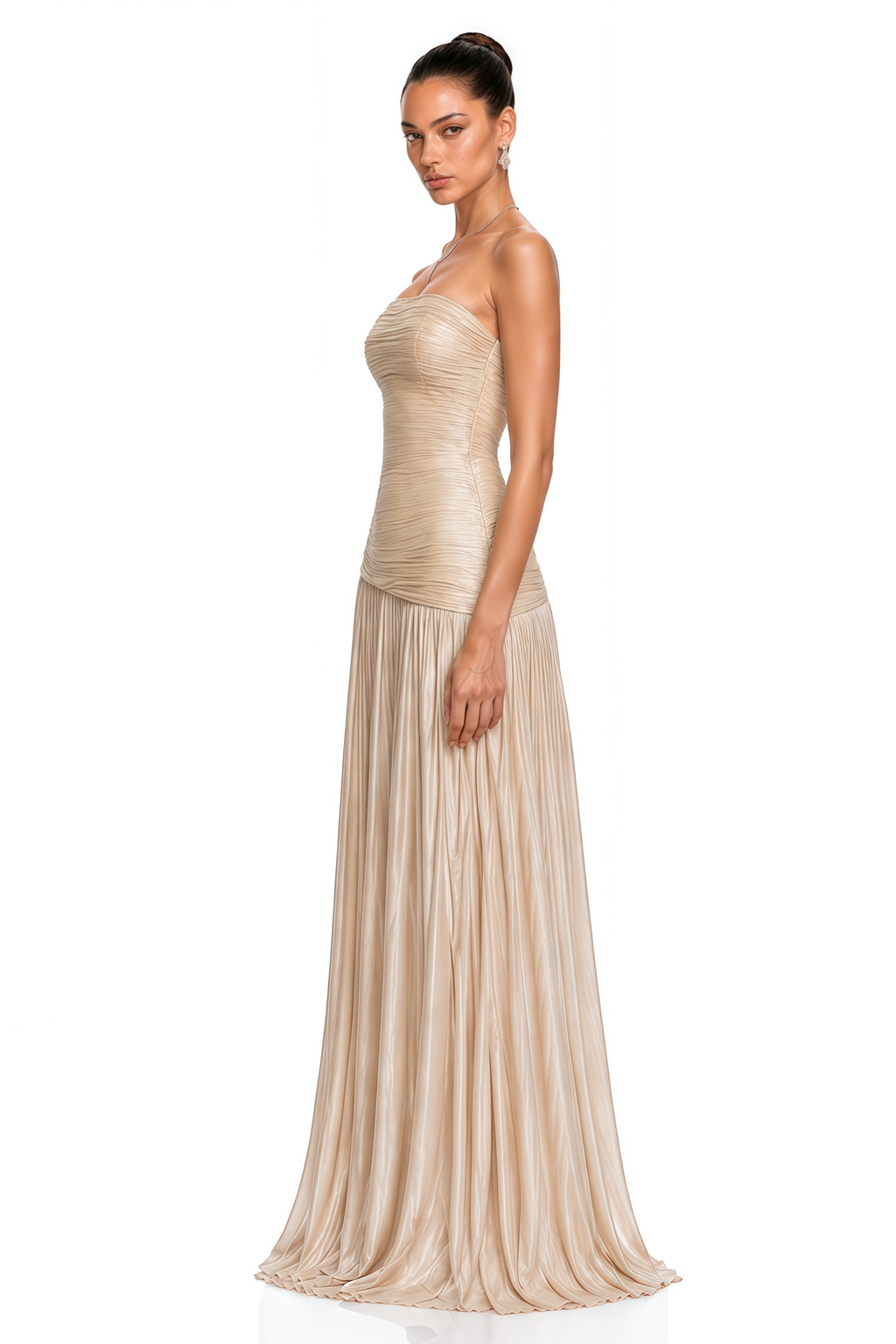 Angelina Champagne Brown Off Shoulder Pleated Maxi Dress